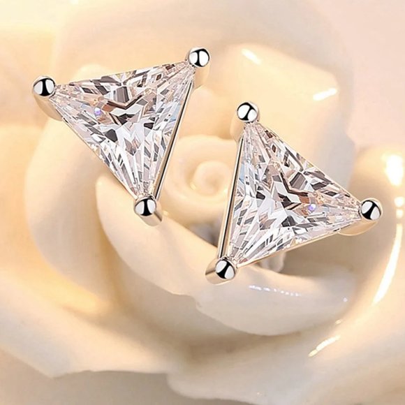 2.00ctw Triangle Diamond Earring Studs " Hypoallergenic " Solid Sterling Silver - Picture 2 of 4